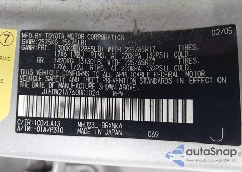 2006 Toyota Highlander Hybrid Limited V6/V6 из США, поврежденный, VIN JTEDW21A760001024